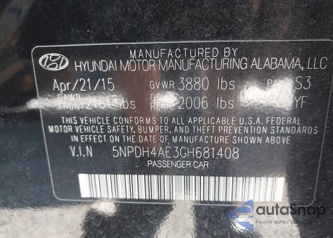 2016 Hyundai Elantra Value Edition z USA, uszkodzony, nr VIN 5NPDH4AE3GH681408